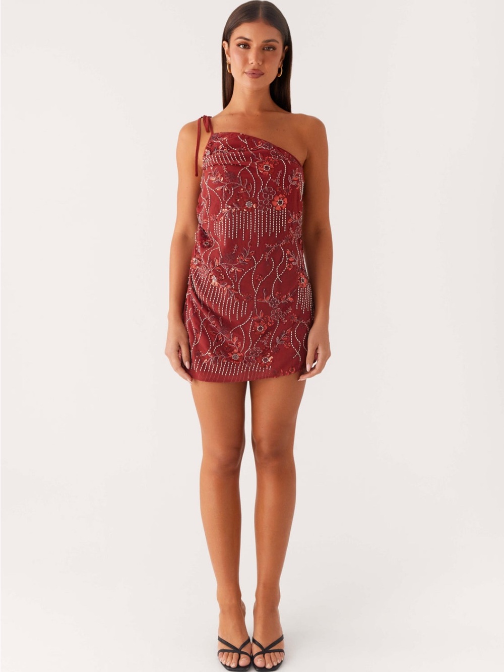 Peppermayo One-Shoulder Beaded Mini Dress in Burgundy - Picture 2 of 6